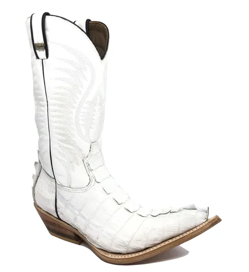 Bota Texana Reizinho Premium de Couro Legítimo de Jacaré Branco Rabo LIMITED EDITION - Cano Alto, Bico Fino - Solado de Couro Artesanal