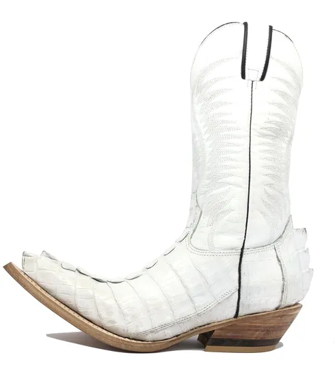 Bota Texana Reizinho Premium de Couro Legítimo de Jacaré Branco Rabo LIMITED EDITION - Cano Alto, Bico Fino - Solado de Couro Artesanal