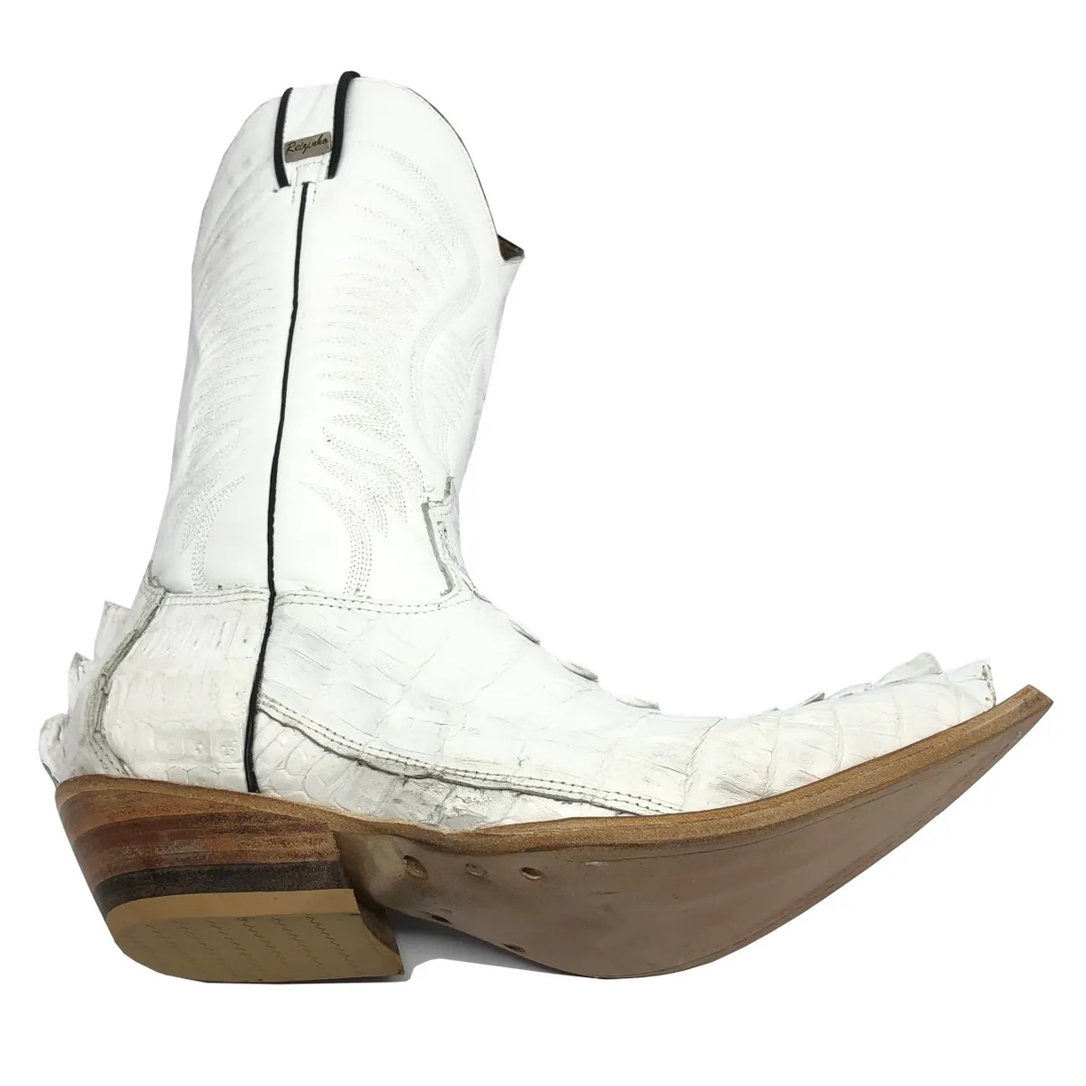 Bota Texana Reizinho Premium de Couro Legítimo de Jacaré Branco Rabo LIMITED EDITION - Cano Alto, Bico Fino - Solado de Couro Artesanal
