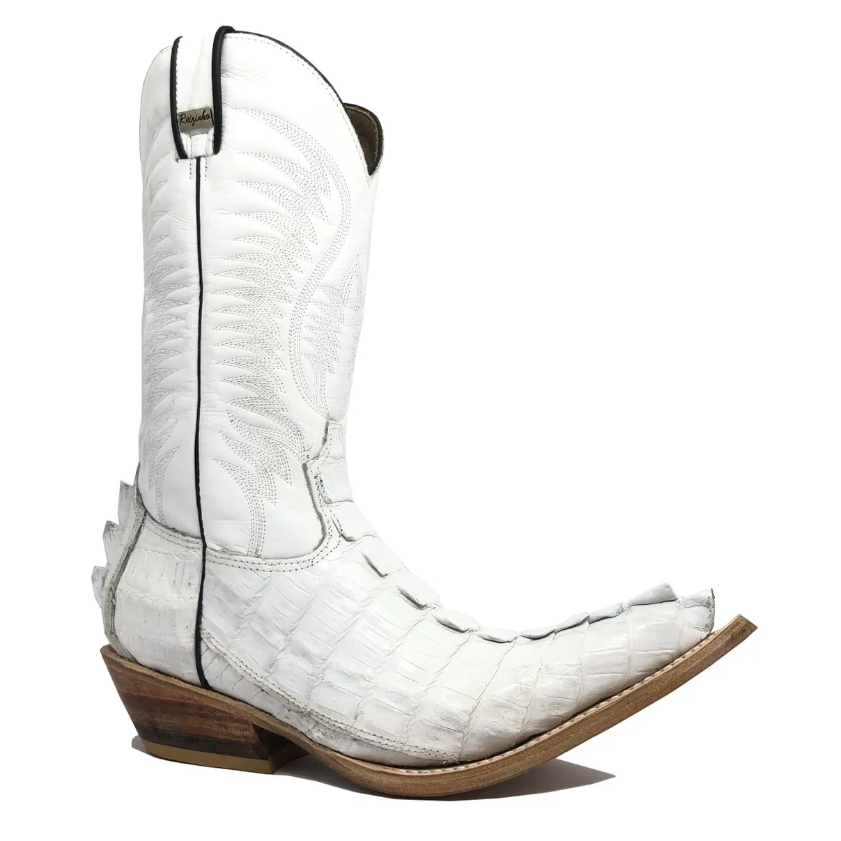 Bota Texana Reizinho Premium de Couro Legítimo de Jacaré Branco Rabo LIMITED EDITION - Cano Alto, Bico Fino - Solado de Couro Artesanal