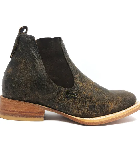 Bota De Couro De Barriga De Avestruz Black Cognac - Cano Curto De Elástico, Bico Quadrado, Solado De Couro Artesanal