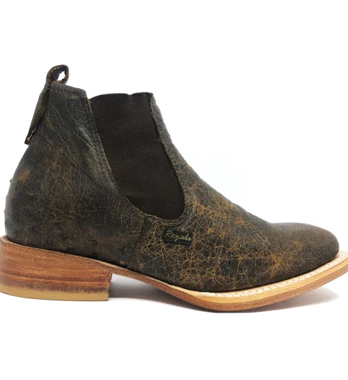 Bota De Couro De Barriga De Avestruz Black Cognac - Cano Curto De Elástico, Bico Quadrado, Solado De Couro Artesanal