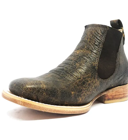Bota De Couro De Barriga De Avestruz Black Cognac - Cano Curto De Elástico, Bico Quadrado, Solado De Couro Artesanal