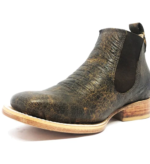 Bota De Couro De Barriga De Avestruz Black Cognac - Cano Curto De Elástico, Bico Quadrado, Solado De Couro Artesanal