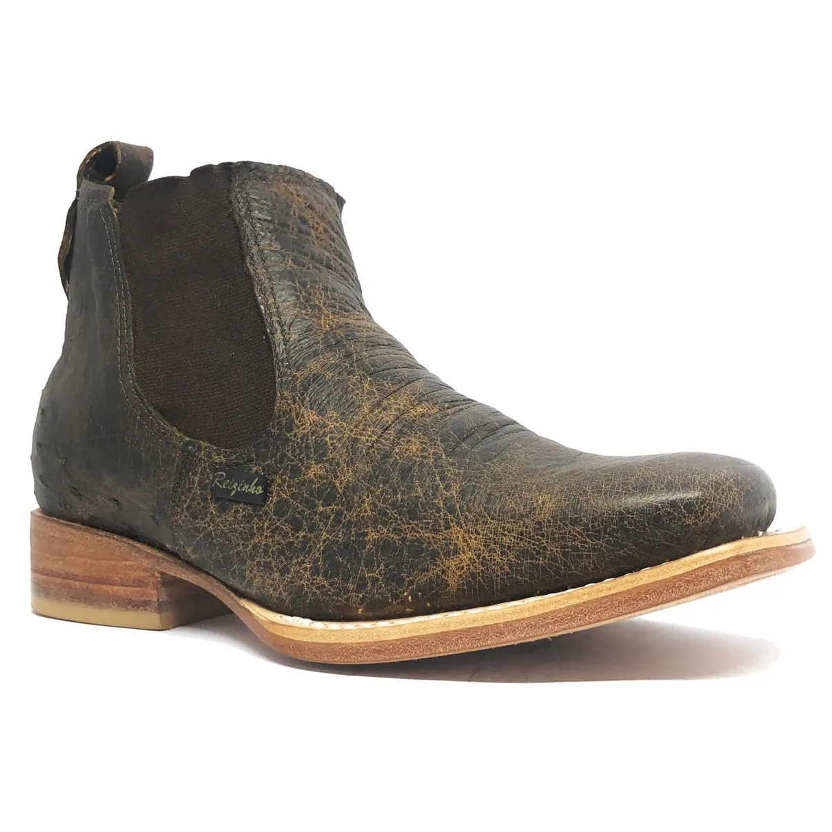 Bota De Couro De Barriga De Avestruz Black Cognac - Cano Curto De Elástico, Bico Quadrado, Solado De Couro Artesanal