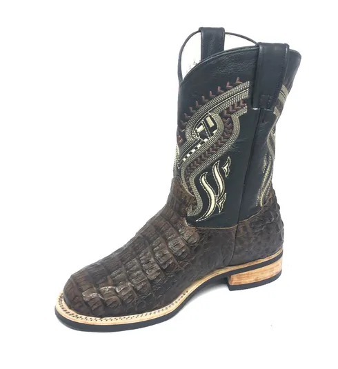 Bota de Couro de Jacaré Marrom - Cano Médio, Bico Redondo, SOLADO X-FLEX ARTESANAL