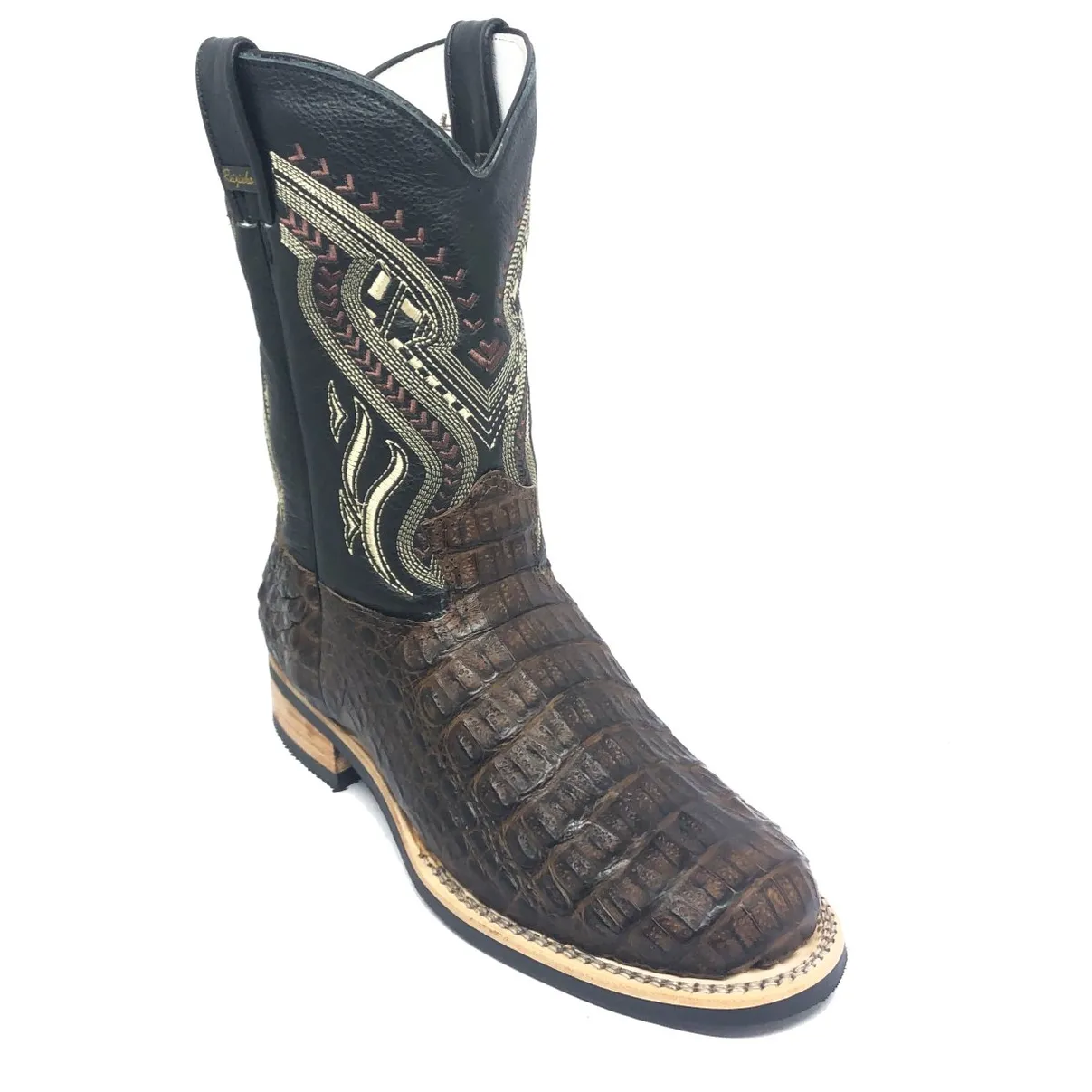 Bota de Couro de Jacaré Marrom - Cano Médio, Bico Redondo, SOLADO X-FLEX ARTESANAL