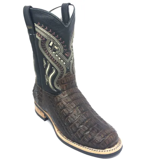 Bota de Couro de Jacaré Marrom - Cano Médio, Bico Redondo, SOLADO X-FLEX ARTESANAL