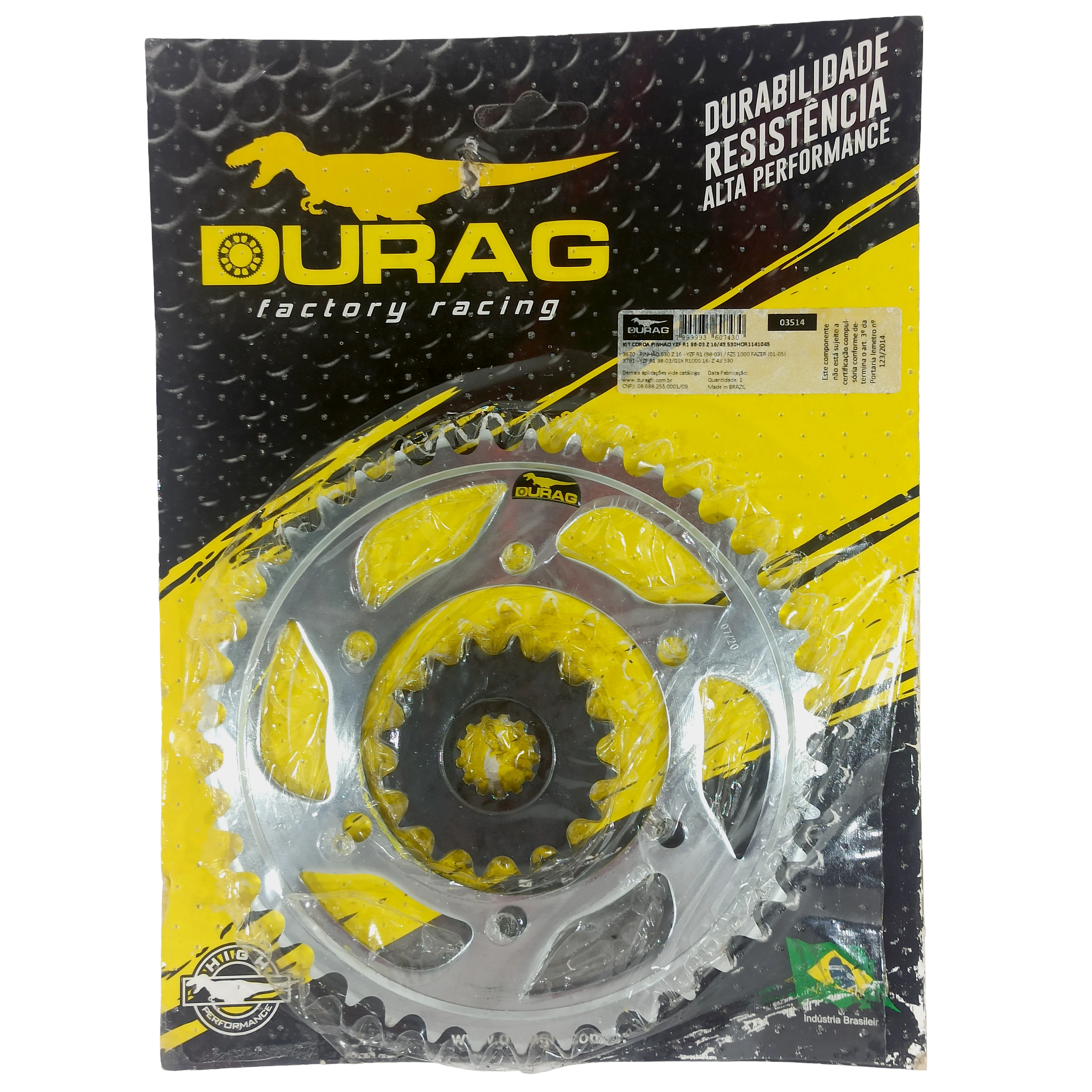 Kit Coroa e Pinhão Durag 530 43/16 Yamaha Yzf R1 1998 até 2003