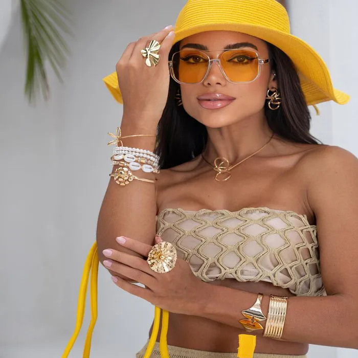 Conjunto Chapéu e Bolsa Palha Meia Lua - Amarelo