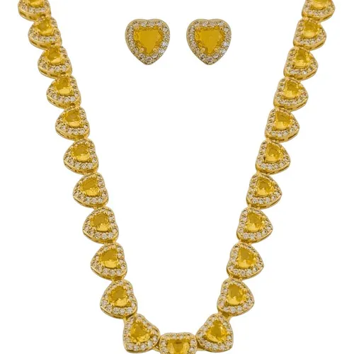 Conjunto Colar e Brinco Folheado a Ouro 18k e Prata Coração de Cristal Citrino