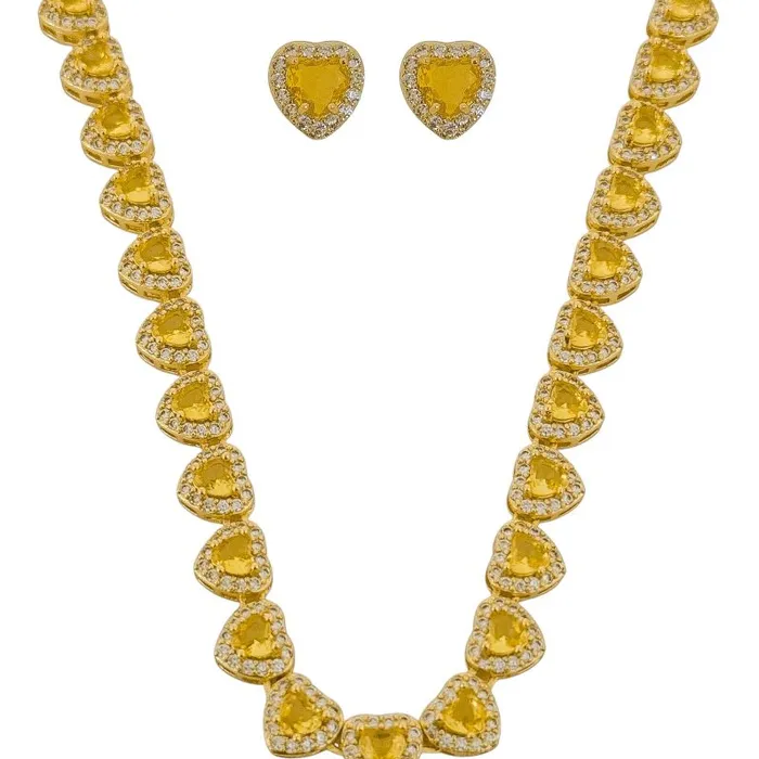 Conjunto Colar e Brinco Folheado a Ouro 18k e Prata Coração de Cristal Citrino