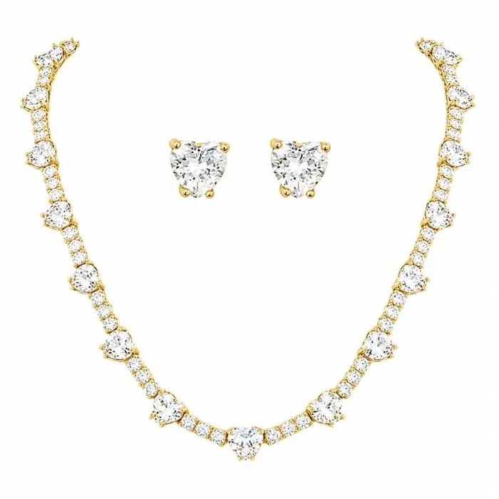 Conjunto Colar e Brinco Folheado a Ouro 18k e Prata Corações Zircônia Colorido