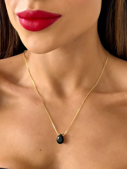 Colar Folheado a Ouro 18k Gota de Cristal Preto