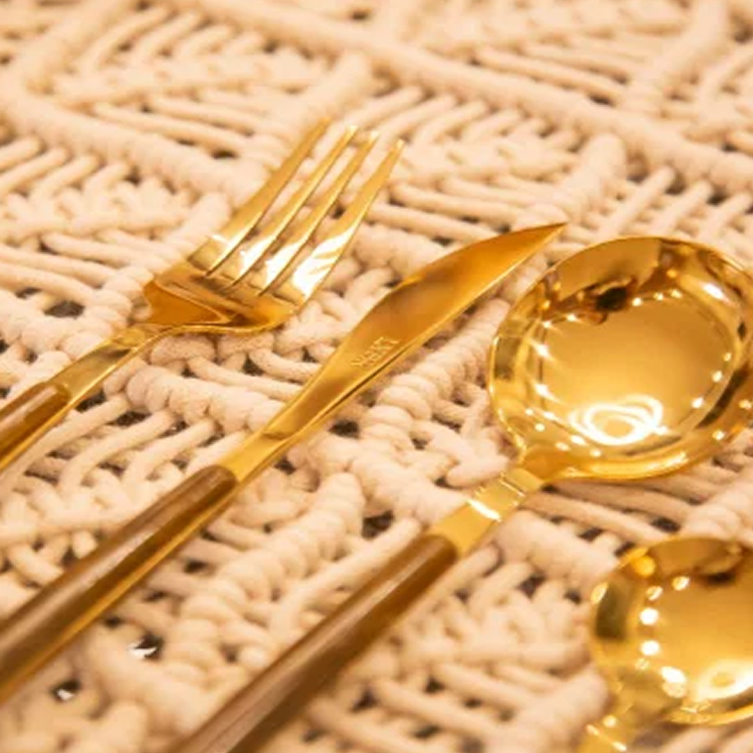 Faqueiro 24 peças Aço Inox Milão c/ cabo Amadeirado - Dourado