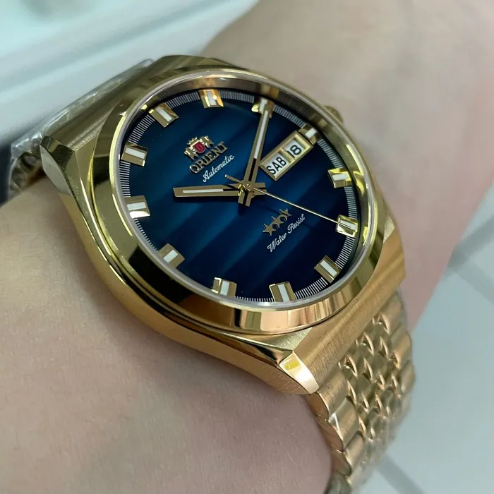 Orient 3 Estrelas Automático Heritage Dourado YN6GG014 azul