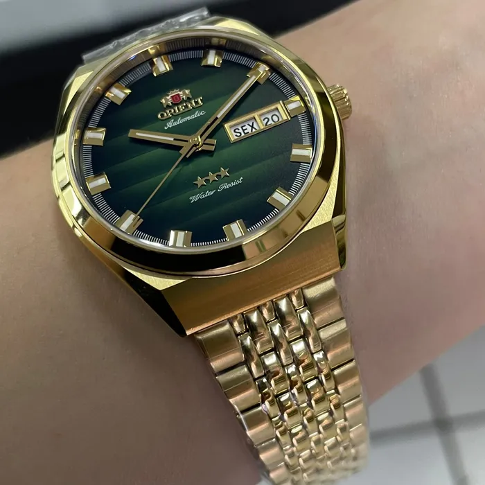 Orient 3 Estrelas Automático Heritage Dourado YN6GG014 verde