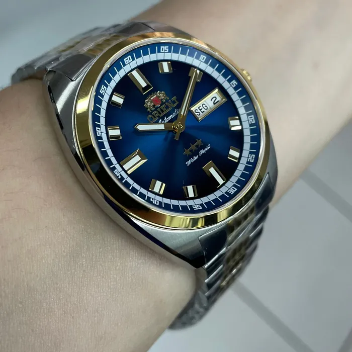 Orient 3 Estrelas Automático Heritage Dourado YN6TT004 Azul