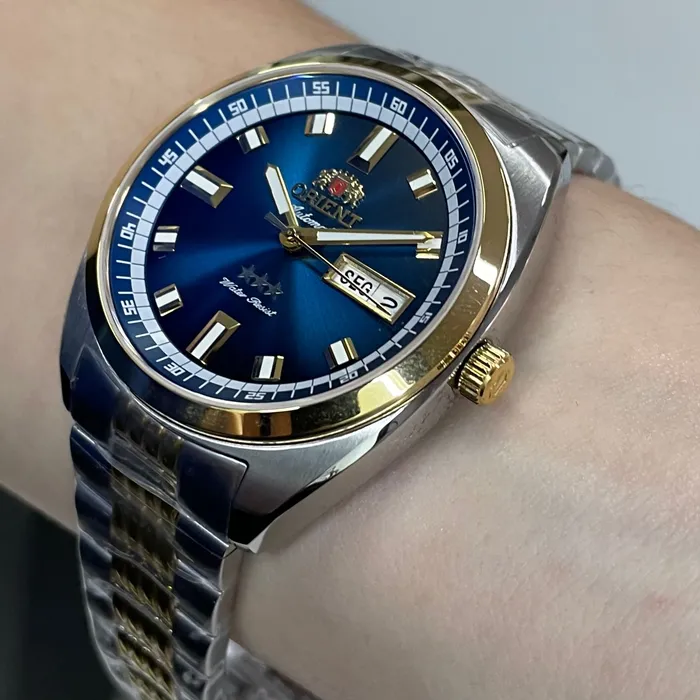 Orient 3 Estrelas Automático Heritage Dourado YN6TT004 Azul