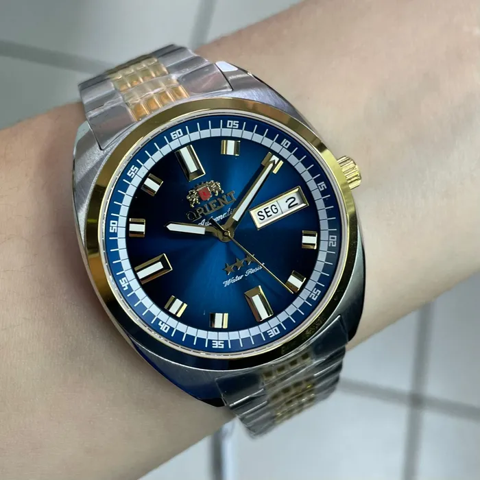 Orient 3 Estrelas Automático Heritage Dourado YN6TT004 Azul