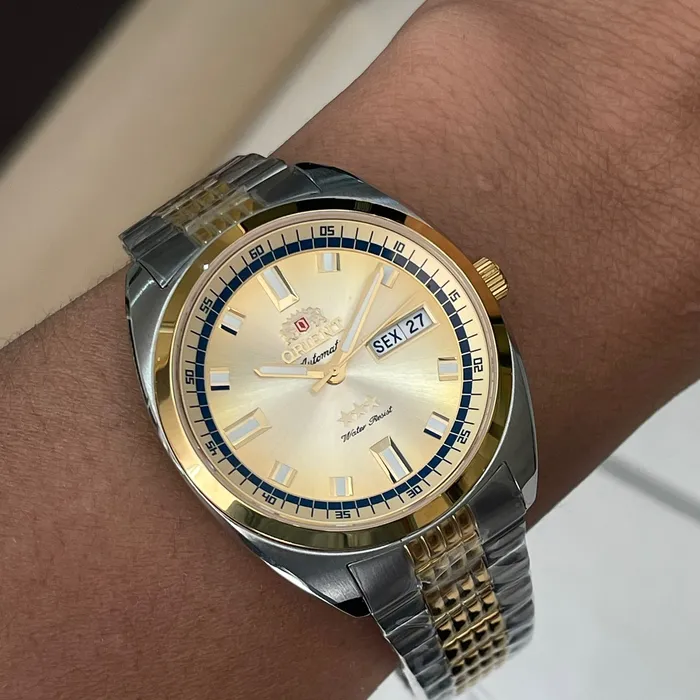 Orient 3 Estrelas Automático Heritage Dourado YN6TT004 Azul