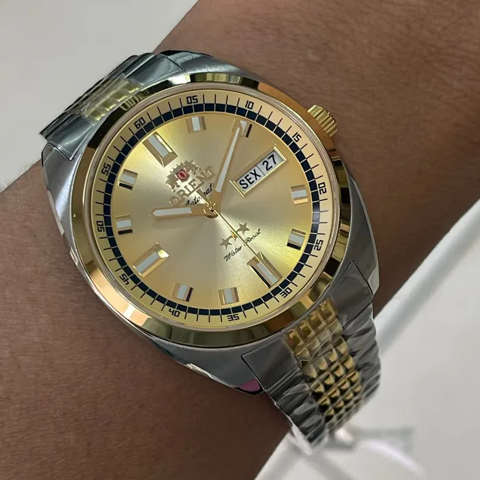 Orient 3 Estrelas Automático Heritage Dourado YN6TT004 Azul