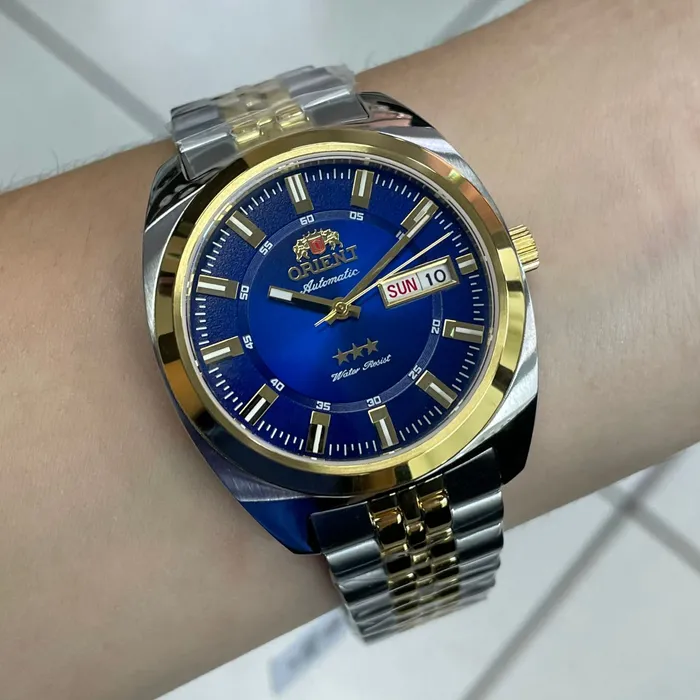 Orient 3 Estrelas Automático Heritage Dourado YN6TT005 Azul