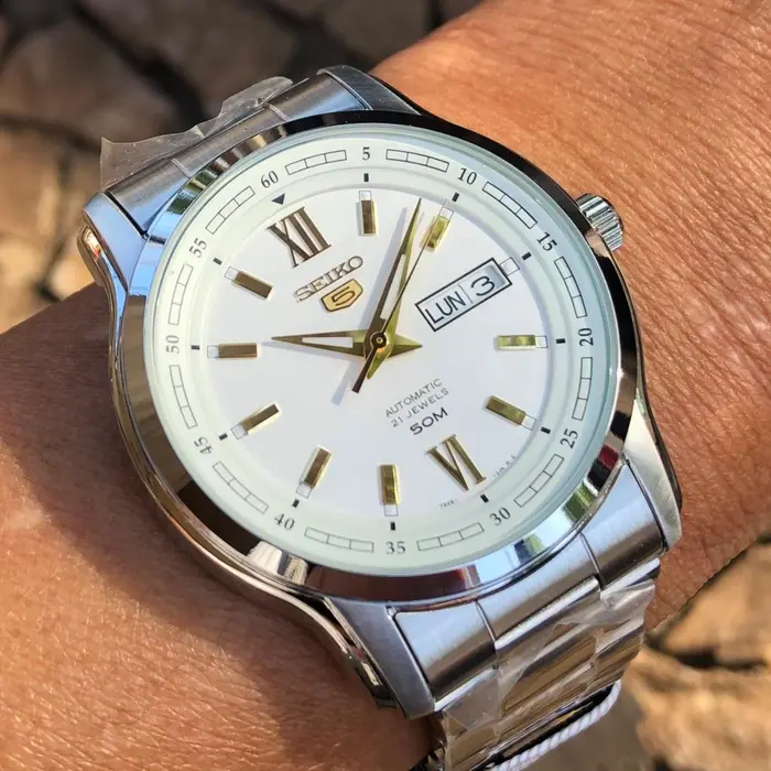 Relógio Seiko 5 Automatic SNKP15B1 Branco e Dourado | Taniguchi Relógios