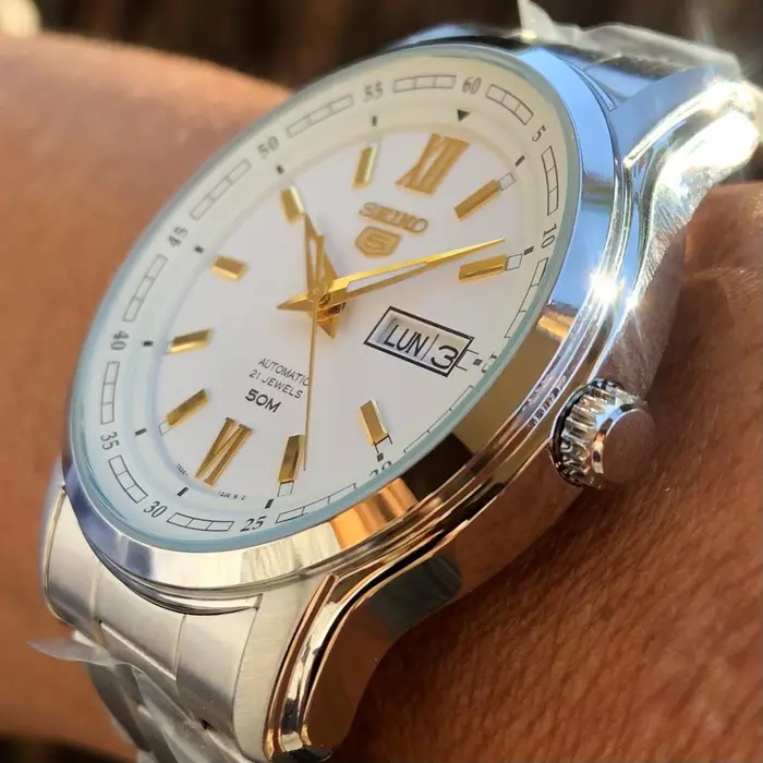 Relógio Seiko 5 Automatic SNKP15B1 Branco e Dourado | Taniguchi Relógios