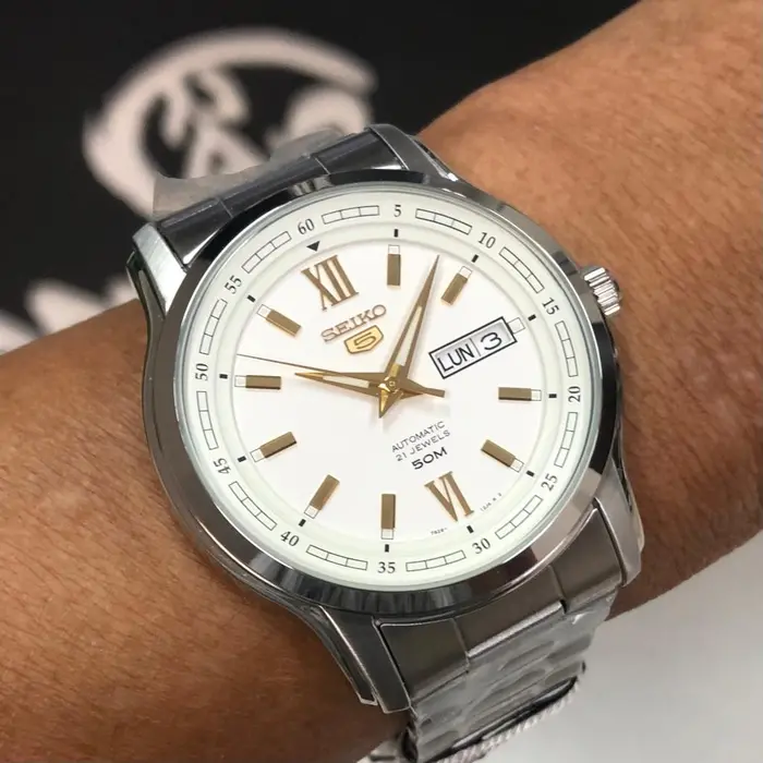 Relógio Seiko 5 Automatic SNKP15B1 Branco e Dourado | Taniguchi Relógios
