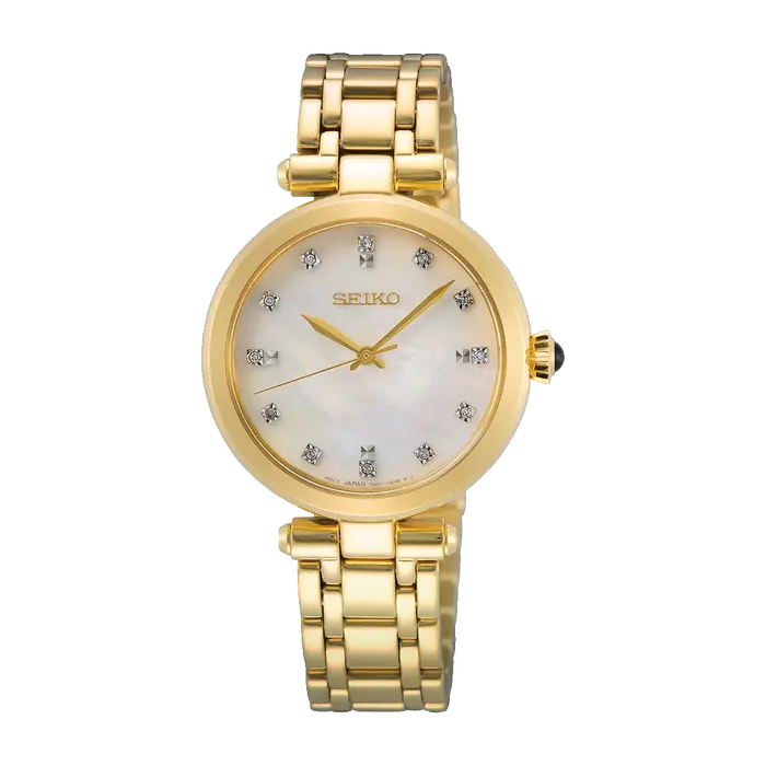 Relógio Seiko Feminino SRZ536P1 Dourado Diamantes Safira Original | Taniguchi Relógios