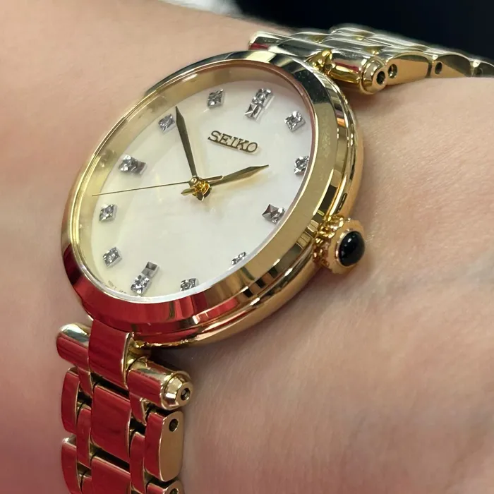 Relógio Seiko Feminino SRZ536P1 Dourado Diamantes Safira Original | Taniguchi Relógios