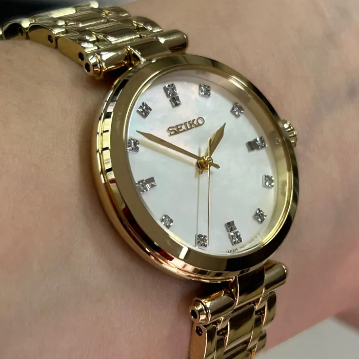 Relógio Seiko Feminino SRZ536P1 Dourado Diamantes Safira Original | Taniguchi Relógios