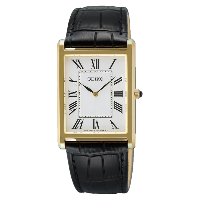 Relógio Seiko Essentials Tank SWR104B1 Dourado Safira Original | Taniguchi Relógios