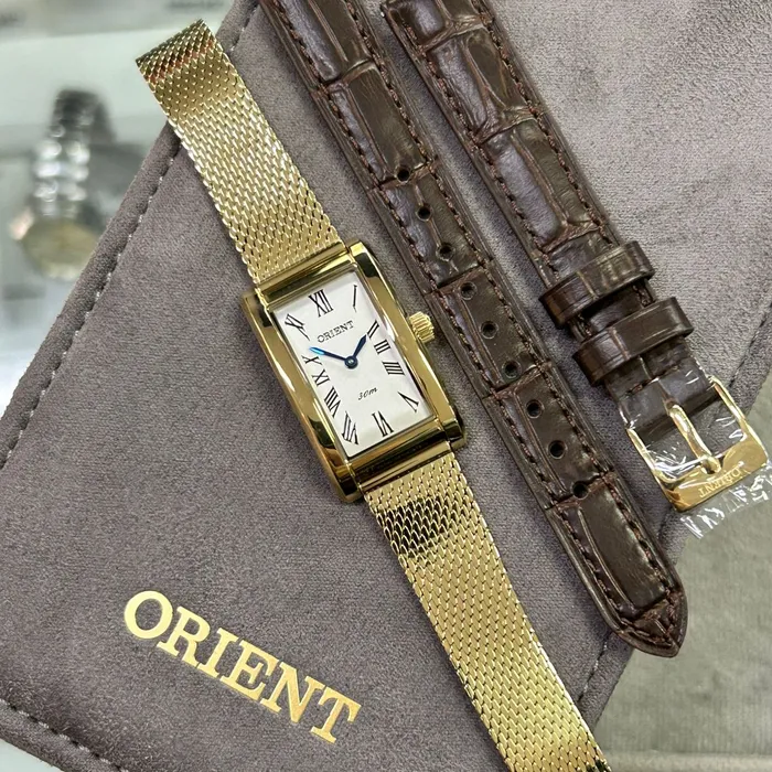 Relógio Orient Eternal Tank LGSS0077 Dourado Safira Original | Taniguchi Relógios