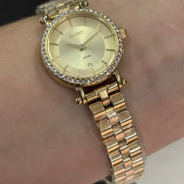Relógio Orient Mini Feminino FGSS0238 Dourado Cristais Original | Taniguchi Relógios