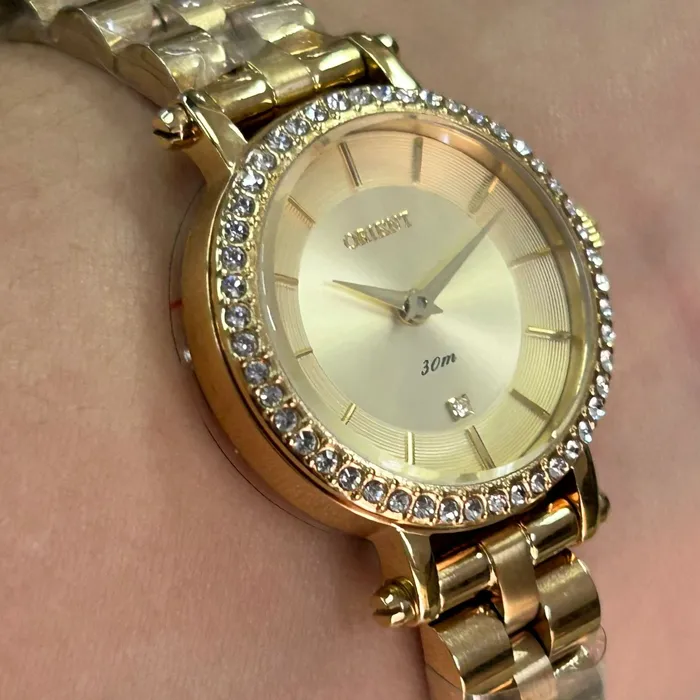 Relógio Orient Mini Feminino FGSS0238 Dourado Cristais Original | Taniguchi Relógios
