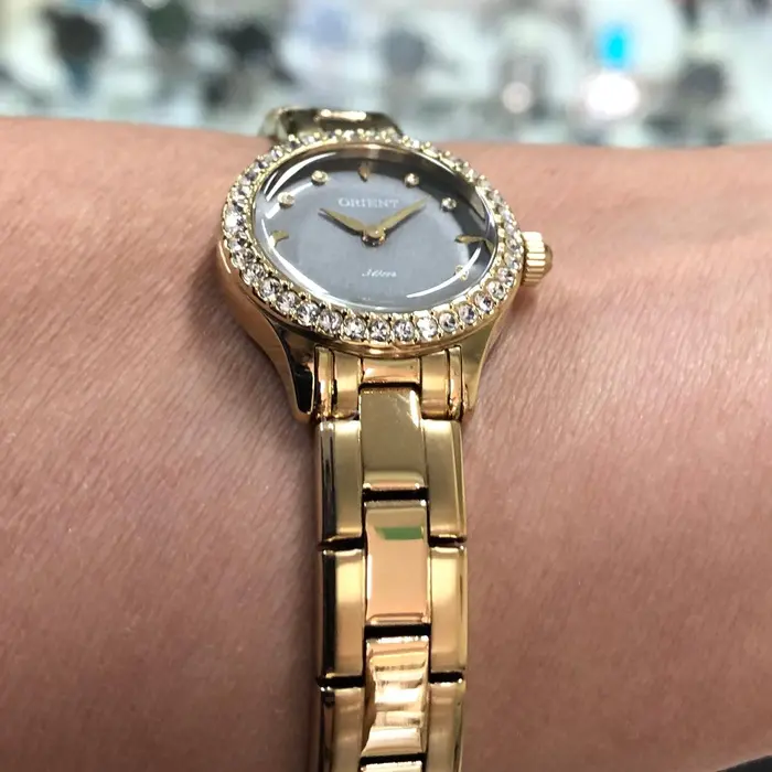 Relógio Orient Mini Feminino FGSS0218 Dourado Preto Original | Taniguchi Relógios