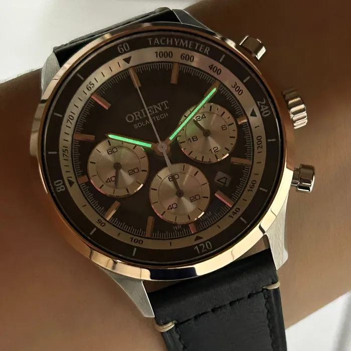 Relógio Orient Solartech Cronógrafo MTSCC052 Safira Couro | Taniguchi Relógios
