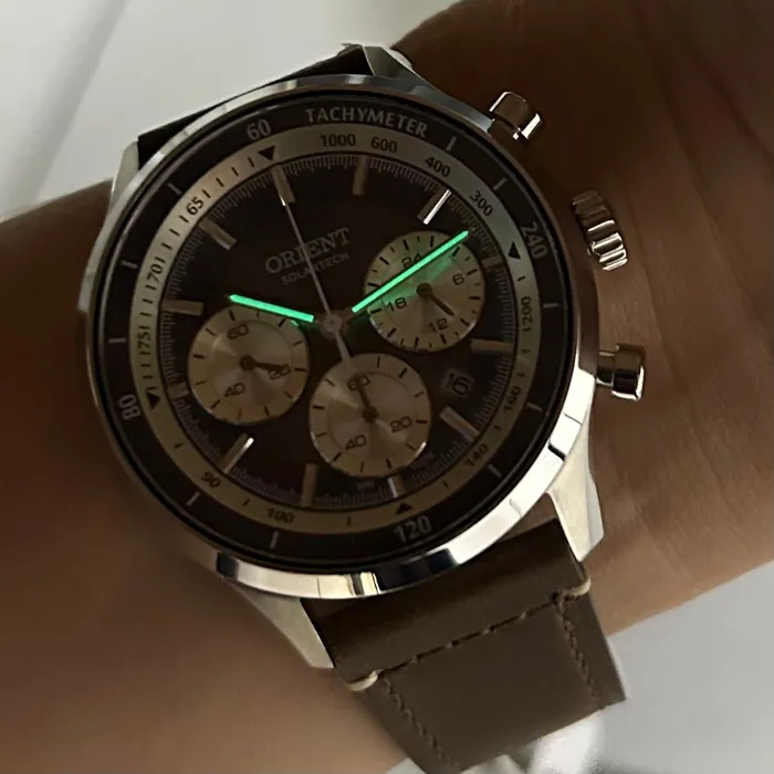 Relógio Orient Solartech Cronógrafo MBSCC072 Safira Couro | Taniguchi Relógios