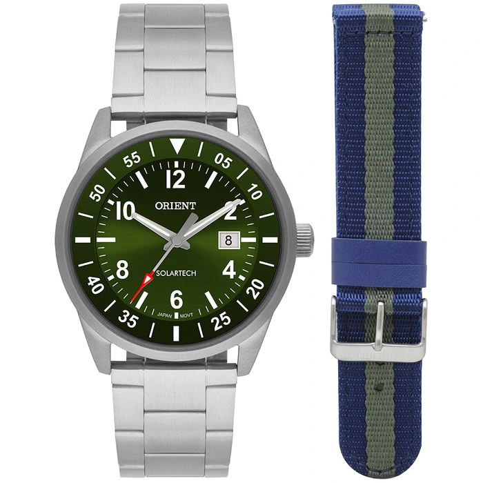 Relógio Orient Solartech MBSS1453 Prata Verde Troca Pulseira | Taniguchi Relógios
