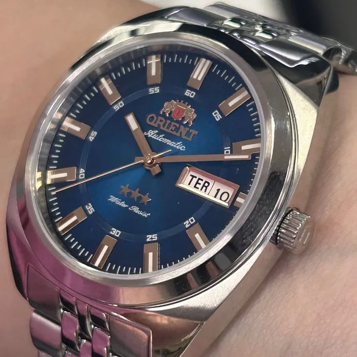 Relógio Orient 3 Estrelas Automático Heritage Safira YN6SS005 DRSX Azul 38,5mm 100m | Taniguchi Relógios