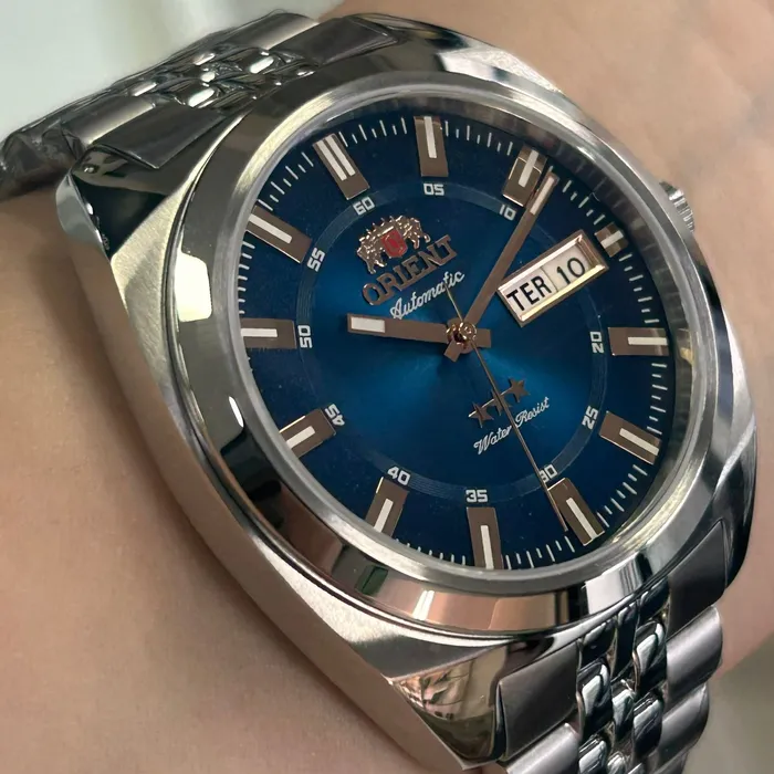 Relógio Orient 3 Estrelas Automático Heritage Safira YN6SS005 DRSX Azul 38,5mm 100m | Taniguchi Relógios