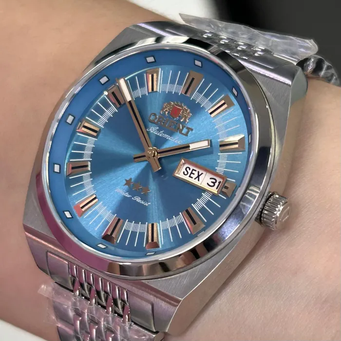 Relógio Orient 3 Estrelas Automático Heritage Safira YN6SS018 Azul Celeste 38,5mm 100m | Taniguchi Relógios