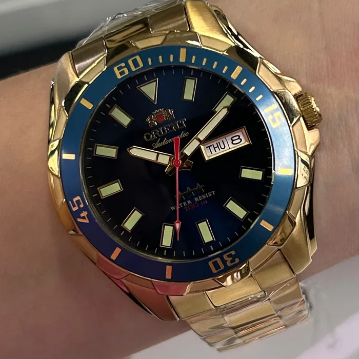 Relógio Orient 3 Estrelas Automático NH36 469GP078NH Dourado Azul 47mm 100m | Taniguchi Relógios