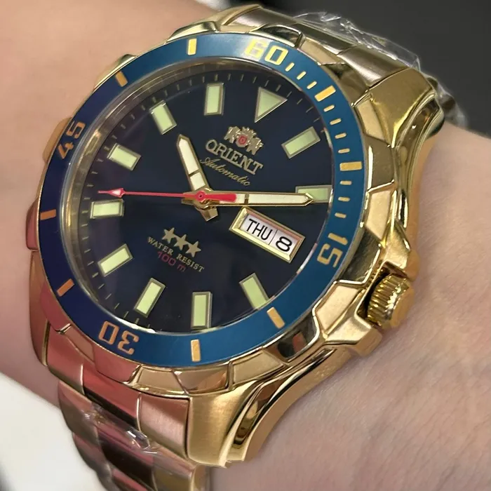 Relógio Orient 3 Estrelas Automático NH36 469GP078NH Dourado Azul 47mm 100m | Taniguchi Relógios