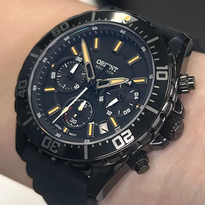Relógio Orient Solartech Cronógrafo Elite Sea MPSPC020-P1PX Preto Safira 43mm 100m | Taniguchi Relógios