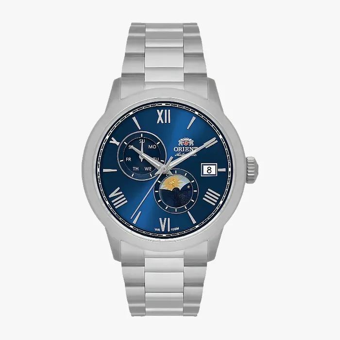 Relógio Orient Automático Sun and Moon Safira YN6SS034 Azul Aço 39mm 100m | Taniguchi Relógios