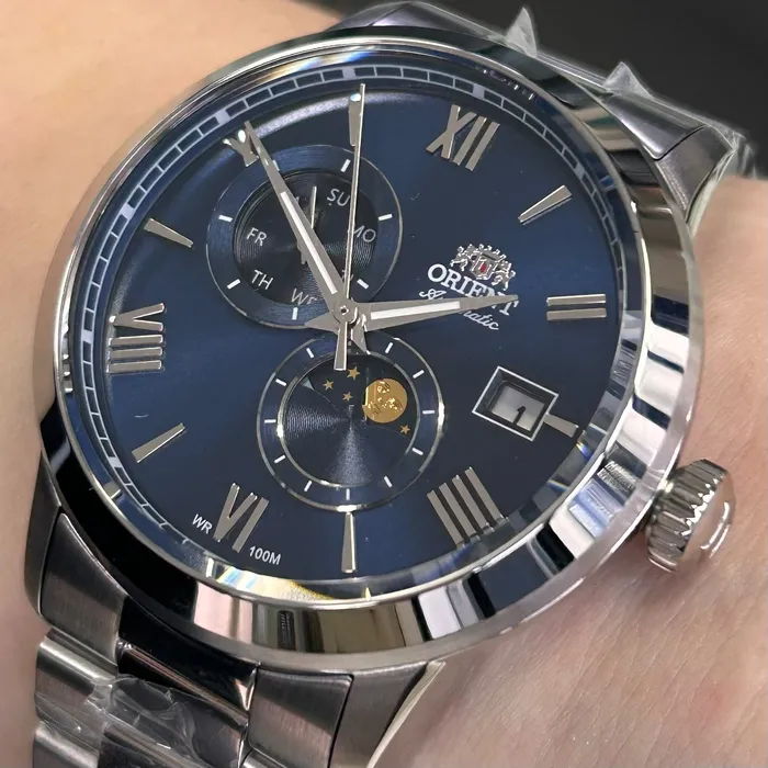 Relógio Orient Automático Sun and Moon Safira YN6SS034 Azul Aço 39mm 100m | Taniguchi Relógios