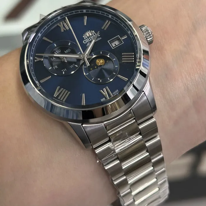 Relógio Orient Automático Sun and Moon Safira YN6SS034 Azul Aço 39mm 100m | Taniguchi Relógios
